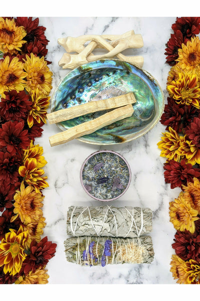 Purple Sinuata flower smudge kit with crystal candle - Cleansing Kit